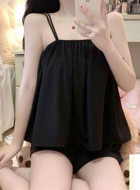 睡衣夏天女ins风吊带套装睡衣女纯欲风少女睡衣纯色可外穿家居服