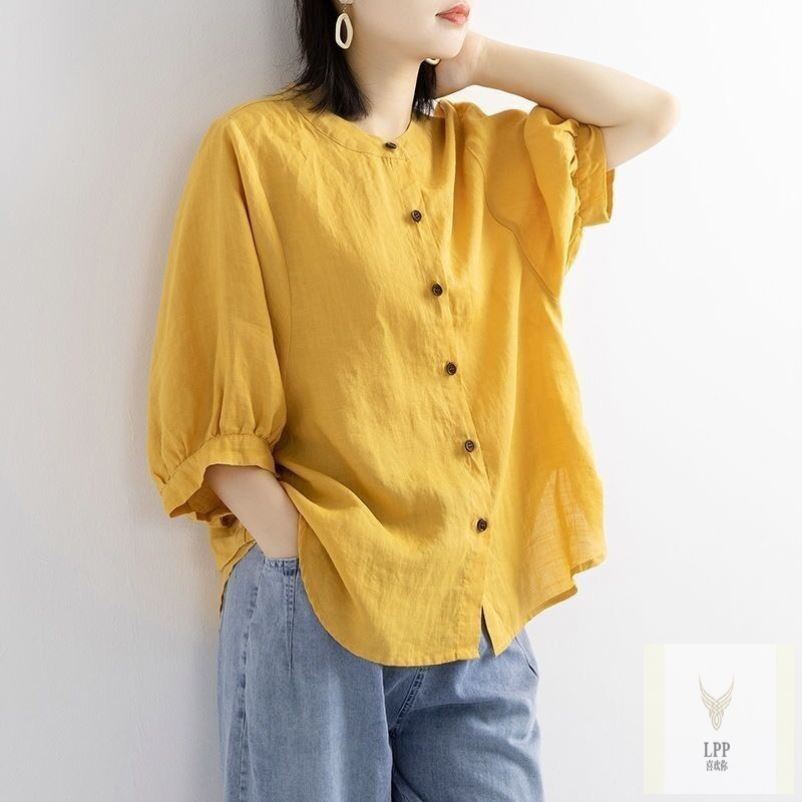 清仓薄款棉麻衬衫女韩版宽松2024夏季中袖灯笼袖上衣大码妈妈衬衣
