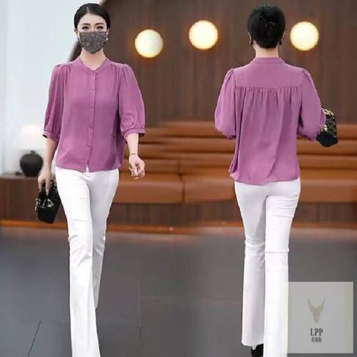 清仓夏季妈妈装轻风纱衬衫女士显瘦减龄中袖上衣开衫时尚休闲衬衣