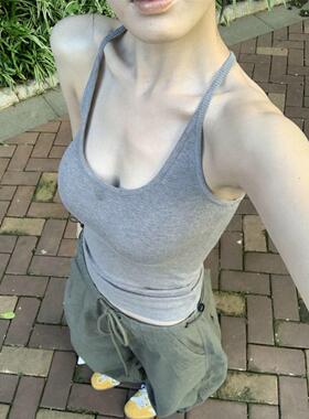 新款夏季辣妹带固定式胸垫吊带背心修身打底上衣中长款性感美背