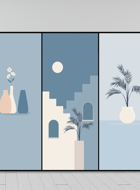 定制莫兰迪蓝色衣柜贴纸翻新自粘美化卧室玻璃门贴遮挡抽象壁纸贴