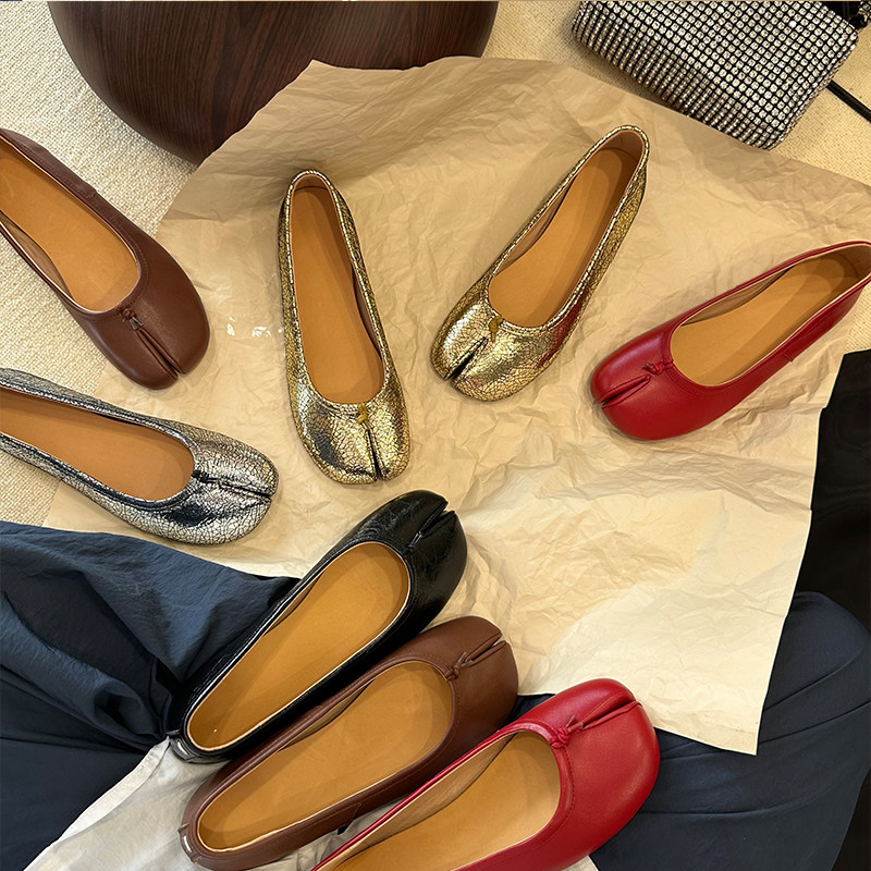 羊皮分趾鞋银色爆裂纹猪蹄鞋小红鞋马吉拉款芭蕾舞平底单鞋女四季