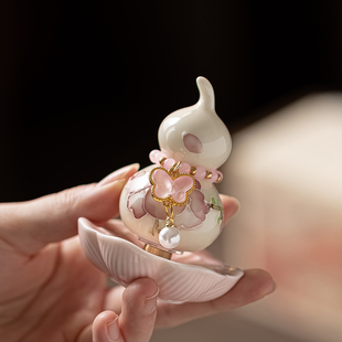 釉下彩手绘花卉网红转转葫芦摆件粉色办公室桌面转运可爱装饰