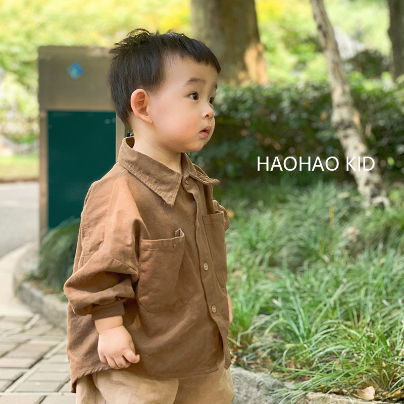 超好搭~儿童衣服男童衬衣韩版复古外套春秋宝宝梭织大泡袖衬衫