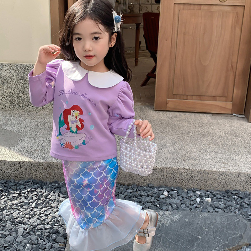 新女童春夏秋冬美人鱼尾巴爱丽儿公主洋气女孩上衣加半裙两件套装