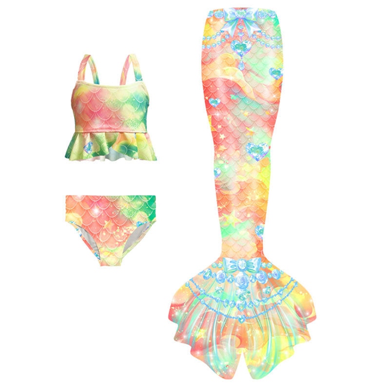 女童美人鱼尾巴游泳潜水温泉度假海边戏水缤纷彩虹糖果比基尼泳衣