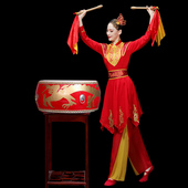 新款 女红色战鼓威风锣鼓表演服中老年腰鼓民族秧歌舞 打鼓演出服装