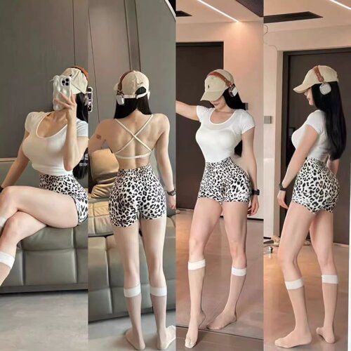 欧美豹纹健身短裤女3D印花提臀高腰收腹速干运动瑜伽跑步蜜桃裤