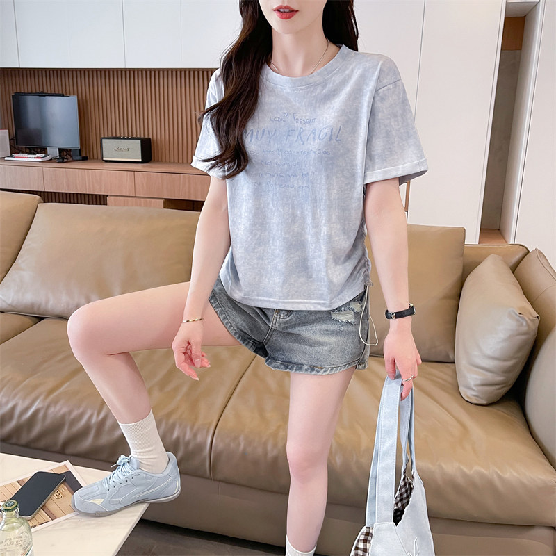 字母印花短袖T恤女2026夏季新款复古少女风宽松扎染小衫体恤上衣
