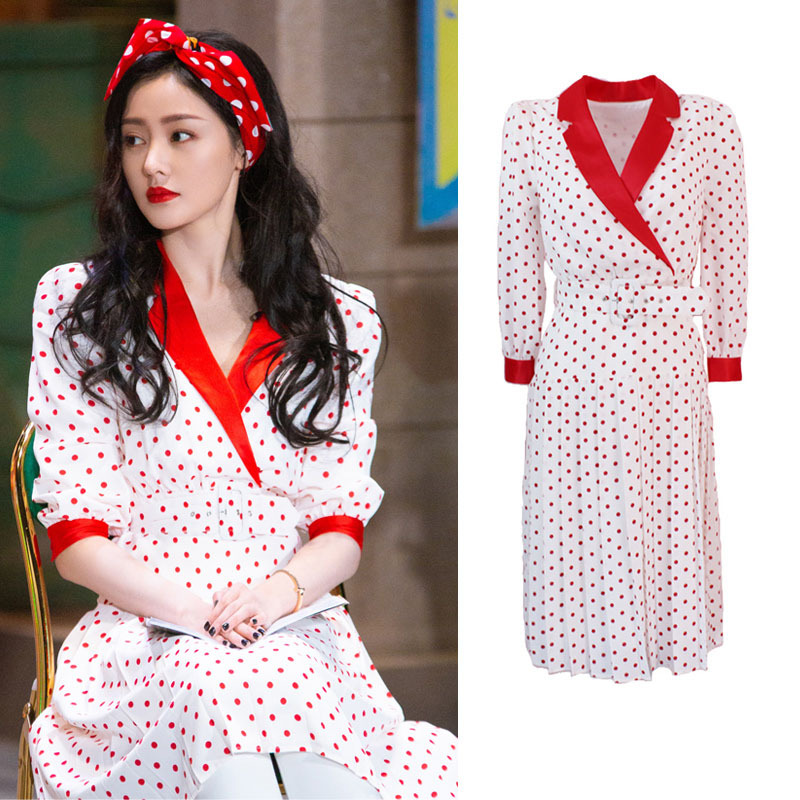 【现货】大侦探张天爱明星同款波点连衣裙春夏复古腰带收腰雪纺裙