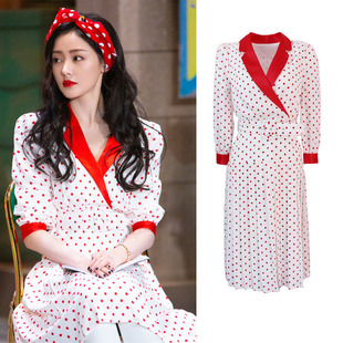 【现货】大侦探张天爱明星同款波点连衣裙春夏复古腰带收腰雪纺裙