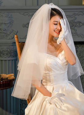 新娘头纱结婚礼领证复古轻婚纱旅拍短款双层素纱网红拍照道具头饰