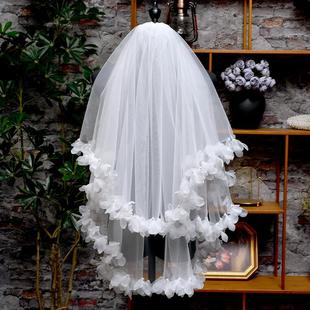 新娘结婚主婚纱头纱双层蕾丝蝴蝶结仙气头饰拍照道具森系超仙领证