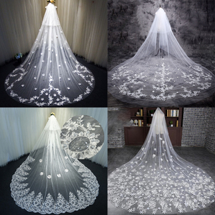 新款 长拖尾头纱结婚旅拍蕾丝花边婚纱女新娘头纱头饰超仙 新娘韩式