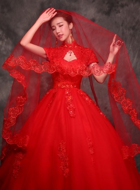 新娘结婚红色头纱韩式单层婚礼蕾丝花边盖头婚纱超长头饰拍照道具