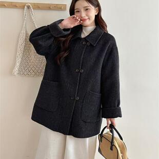 韩版高端双面羊绒大衣女中长款宽松显瘦新款小个子方领羊毛外套女
