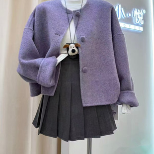 2026双面羊绒大衣女短款小个子韩版宽松圆领设计感羊毛外套高级感
