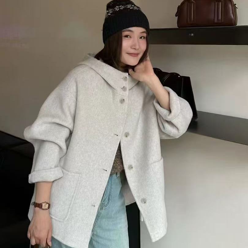 2025秋冬新款韩系连帽双面羊绒大衣女短款小个子高端羊毛呢外套女