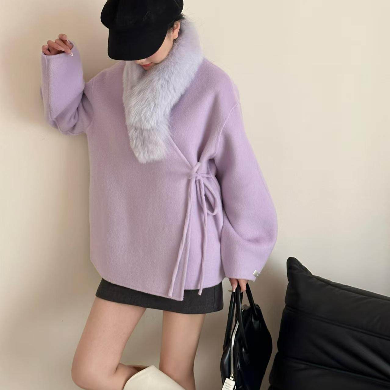 韩版系带围脖狐狸毛领双面羊毛大衣冬季新款小个子毛呢气质外套女