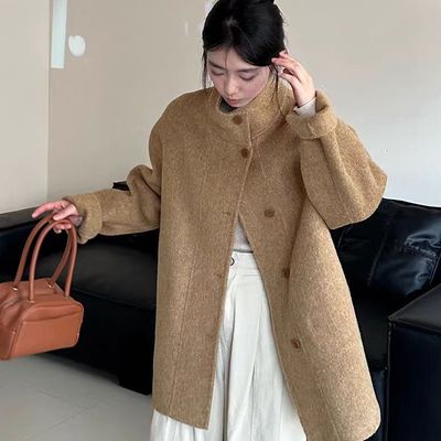 立领双面羊绒大衣女中长款2025韩系流行新款小个子短款羊毛呢外套