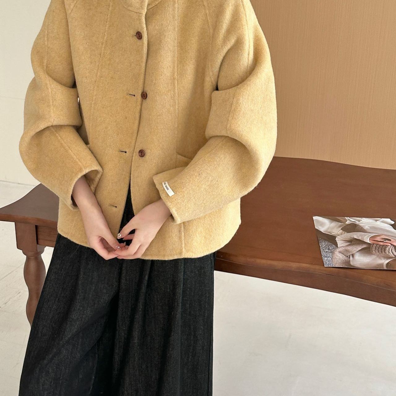 2025韩系双面羊绒大衣女短款立领高端加厚宽松单排扣羊毛呢外套女