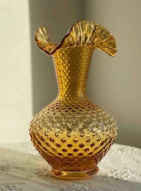 中古芬顿金黄色水晶钉珠褶皱花边手工琉璃花瓶水养玻璃花器摆件