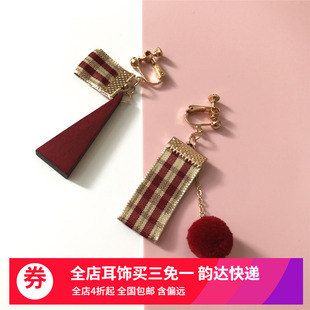 安妮 925民族喜庆耳夹不对称格子气质复古毛球耳环无耳洞耳夹耳坠