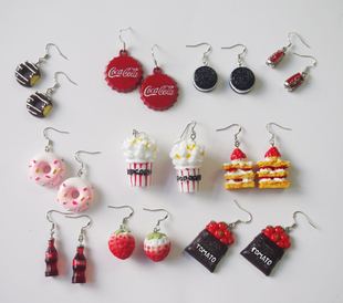 安妮夏天s925短发银少女草莓可乐盖啤酒甜甜圈耳环蛋糕奥利耳夹