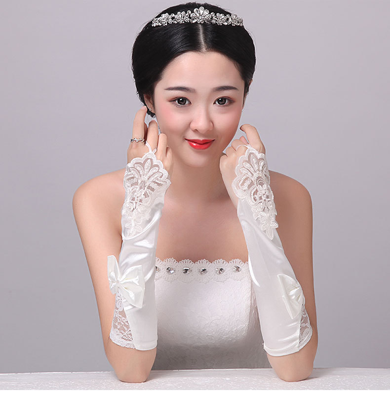 白色蕾丝亮片绣花新娘缎面手套