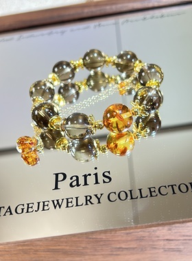 天然茶黄水晶卡14花珀顶珠手串女款单圈简约风格饰品礼物送女友