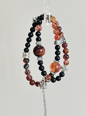 天然黑碧玺红胶花双圈手串女款简约风格饰品礼物送女友闺蜜