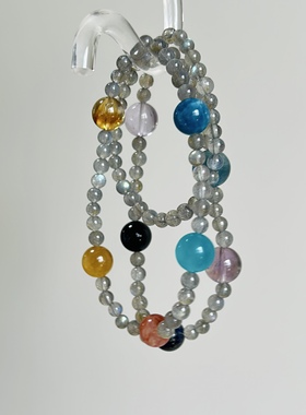 【璀璨星河】灰月光三圈天河蓝晶紫水黄水虎眼胶花设计款手串