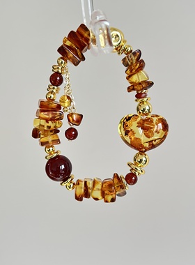 天然花珀爱心手链女生轻奢小众精致石榴石串珠手串高级感手饰