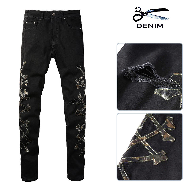 现货 欧美潮牌denim迷彩骨头贴皮刺绣破洞弹力修身黑色男牛仔裤