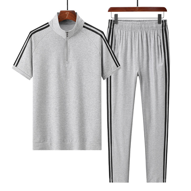 夏季薄款纯棉情侣运动服套装男青中年跑步短袖长裤女士运动套装