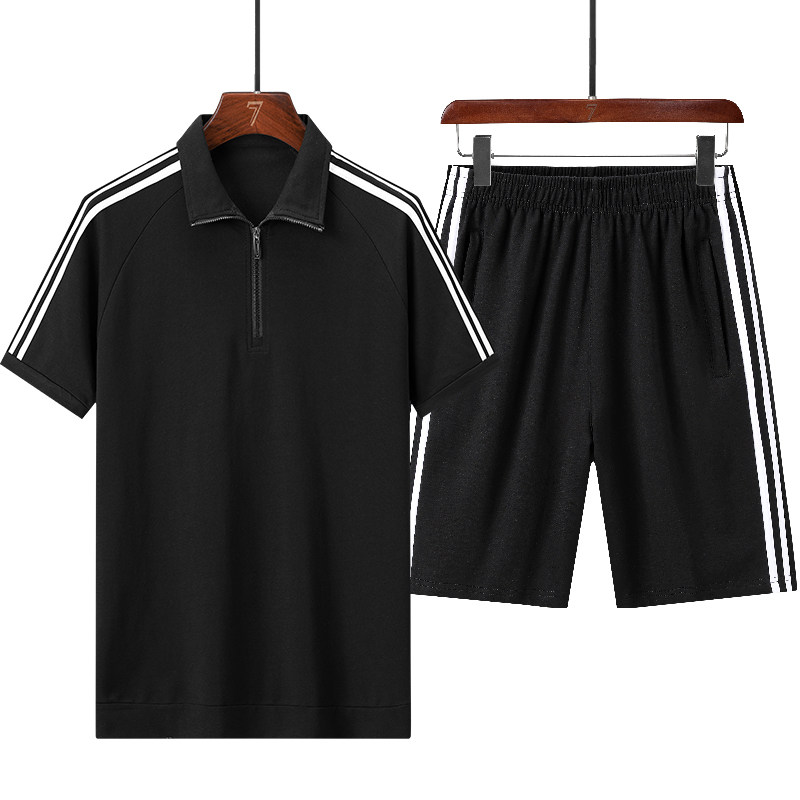 夏季薄款三条杠短袖短裤运动套装情侣休闲纯棉男女同款加大码跑步