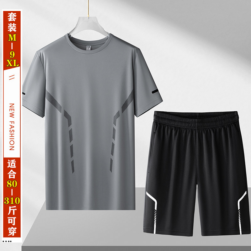 短裤短袖T恤男士夏装运动2件套跑步速干服宽松大码胖子五分裤套装
