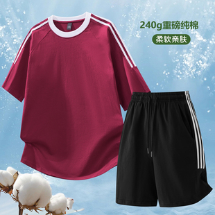 纯棉休闲三条杠套装男士夏季运动篮球服跑步健身服青中年短袖短裤
