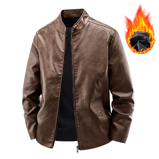 大码 春秋宽松加绒夹克潮爸爸休闲保暖外套 立领皮衣外套男青年款