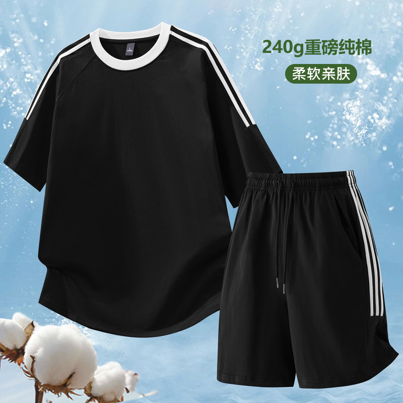 夏季纯棉圆领短袖运动休闲套装男加青中年宽松健身休闲短裤篮球服