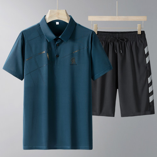 爸爸夏装短袖POLO套装中老年休闲运动服父亲节冰丝衣服宽松爷爷装