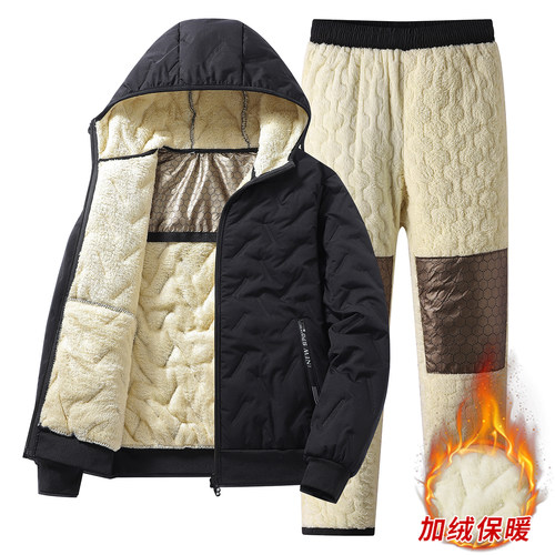 7xl大码连帽石墨烯棉衣套装男羊羔绒外套两件套男保暖加绒棉服