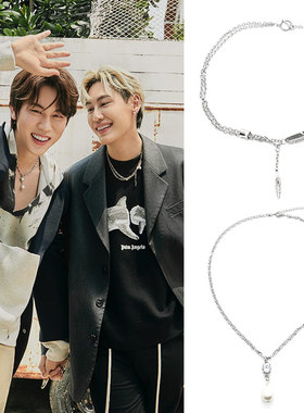 bounprem文总包包同款羽毛锆石珍珠钛钢拼接项链圈套装泰明星情侣