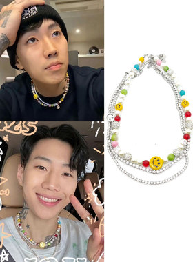 朴宰范同款笑脸彩珠珍珠闪钻满锆石项链圈套装潮流酷 PAPK