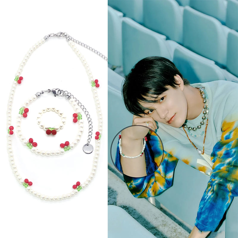 NCTDREAM李帝努朴志晟樱桃珍珠戒指手链项链串套装韩潮甜可爱饰品