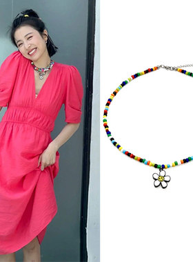 周雨彤同款彩色串珠太阳花雏菊吊坠项链锁骨链ins甜美时尚四夏季Z