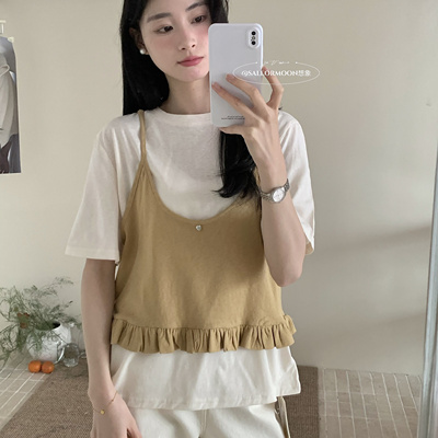 T恤上衣女+荷叶边吊带真两件套