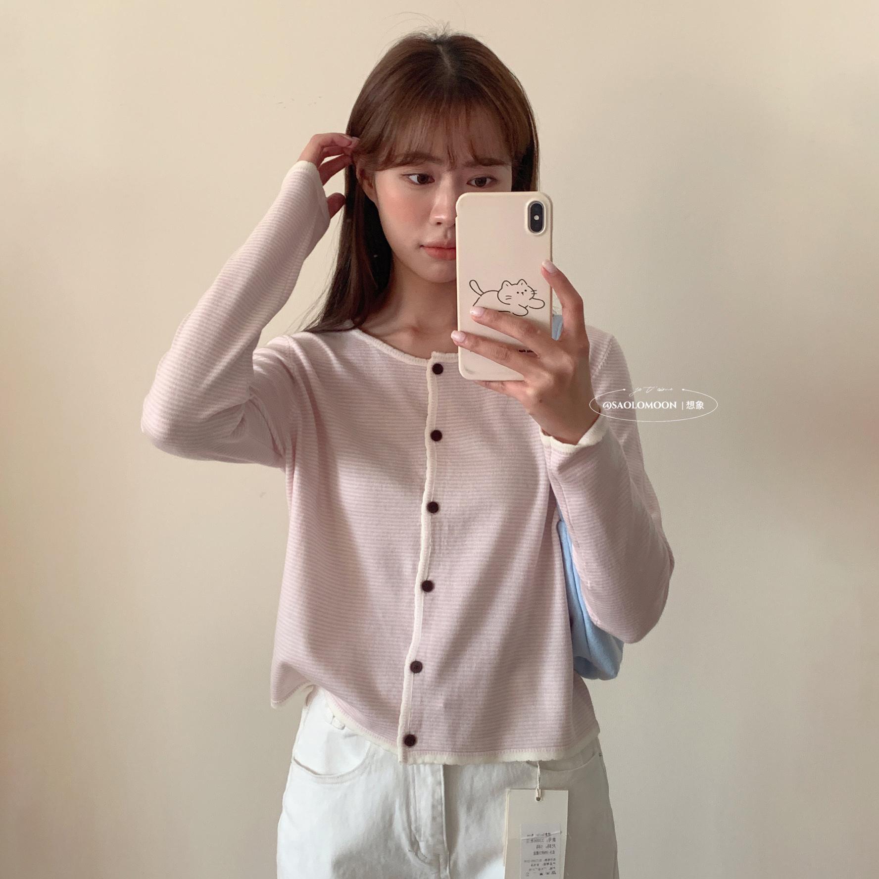 春季新条纹羊毛针织开衫女小外套