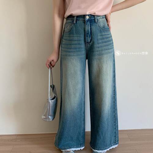 阔腿直筒经典蕾丝拼接牛仔裤女