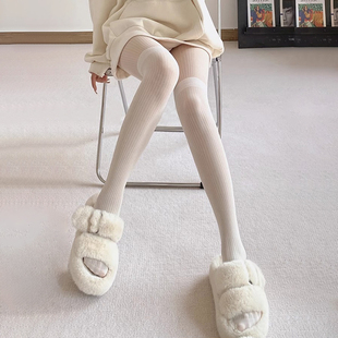 日系超薄奶白色拼接竖条纹黑色连裤jk假高筒少女性感打底袜过膝袜